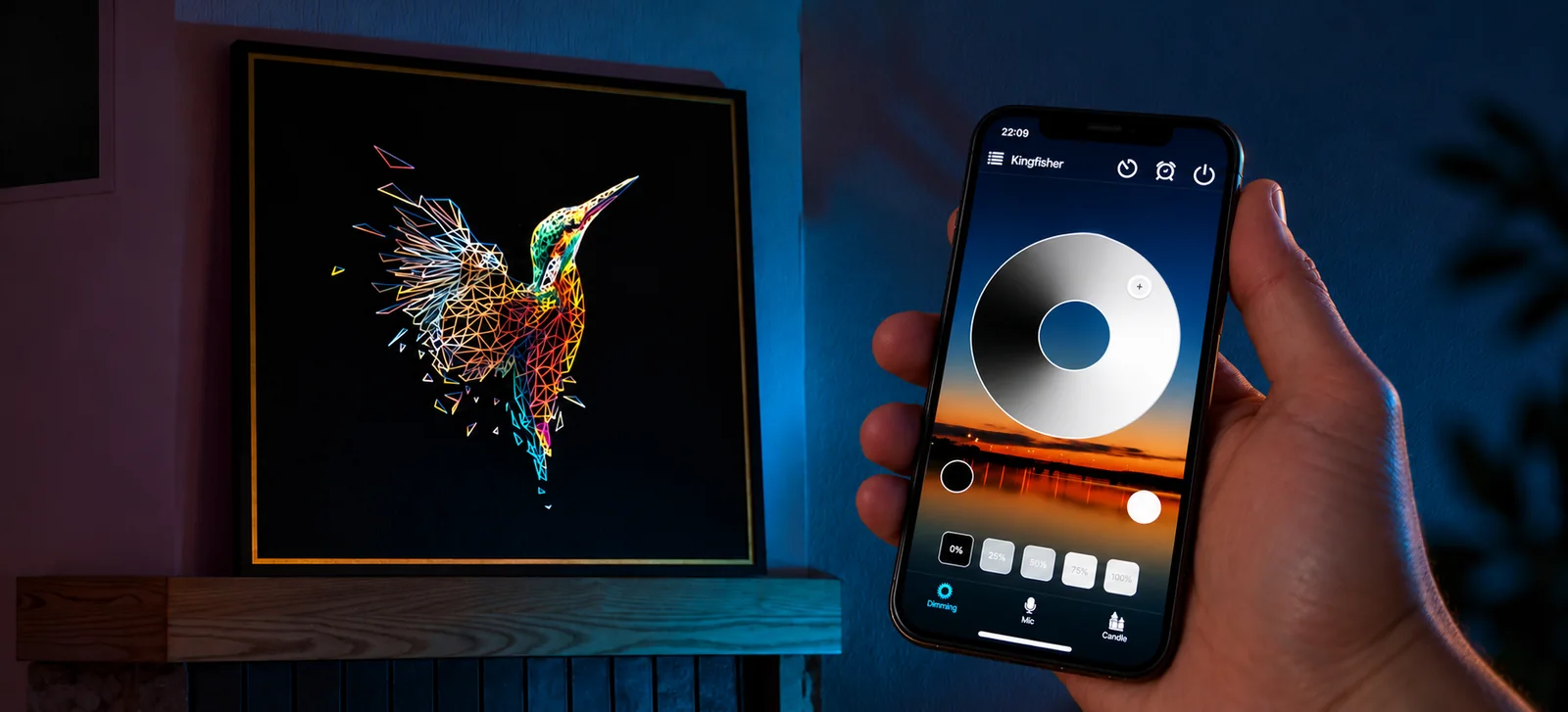 Hand using the control app beside the illuminated Kingfisher painting