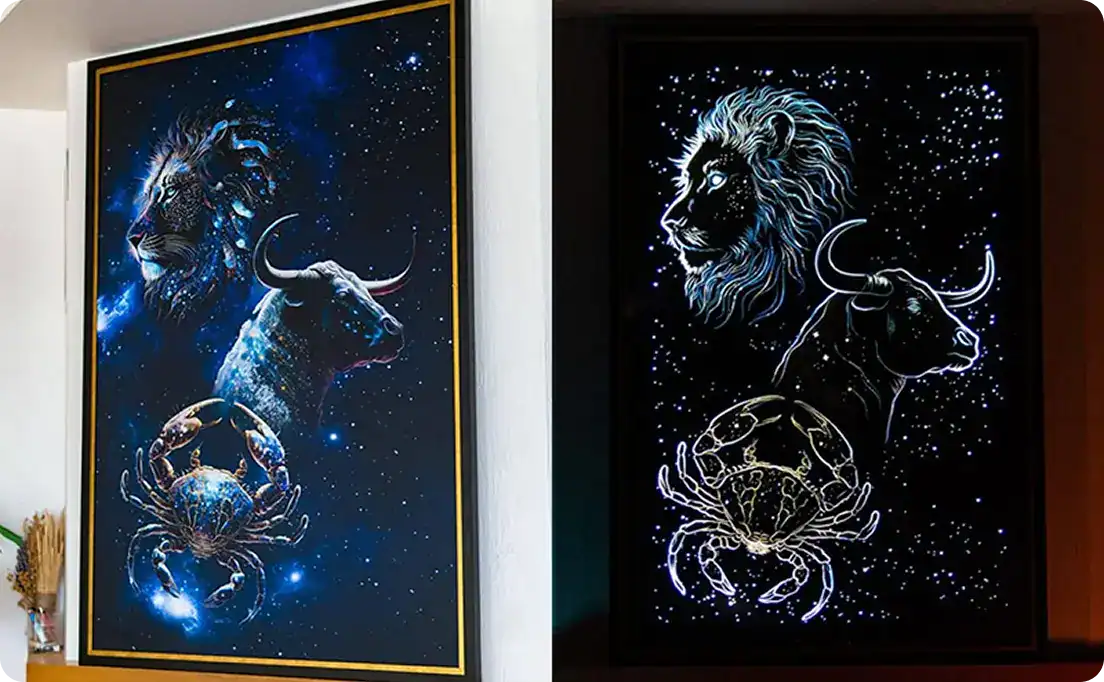 Family zodiac painting with a lion, bull and crab by day, alongside its illuminated outlines at night