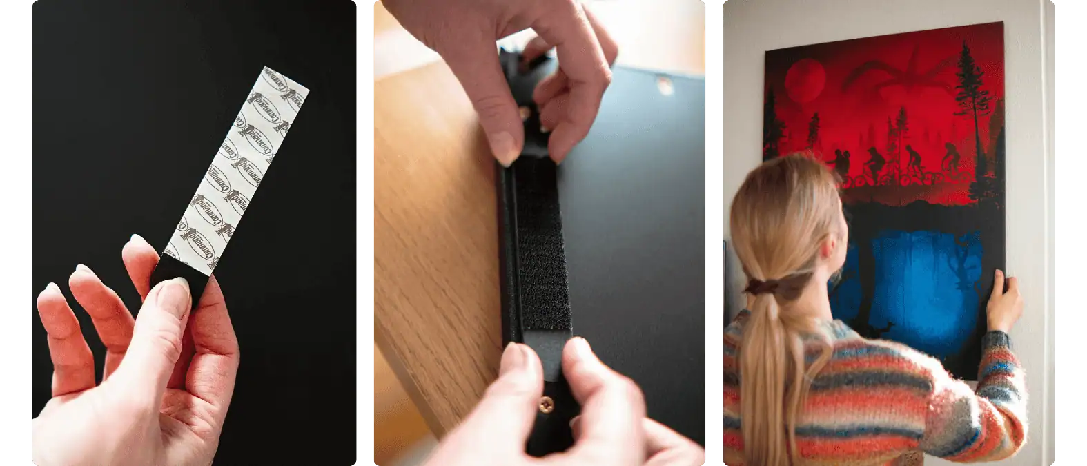Command strip, a strip being fitted to the back of a Shapie painting, and a painting positioned on a wall