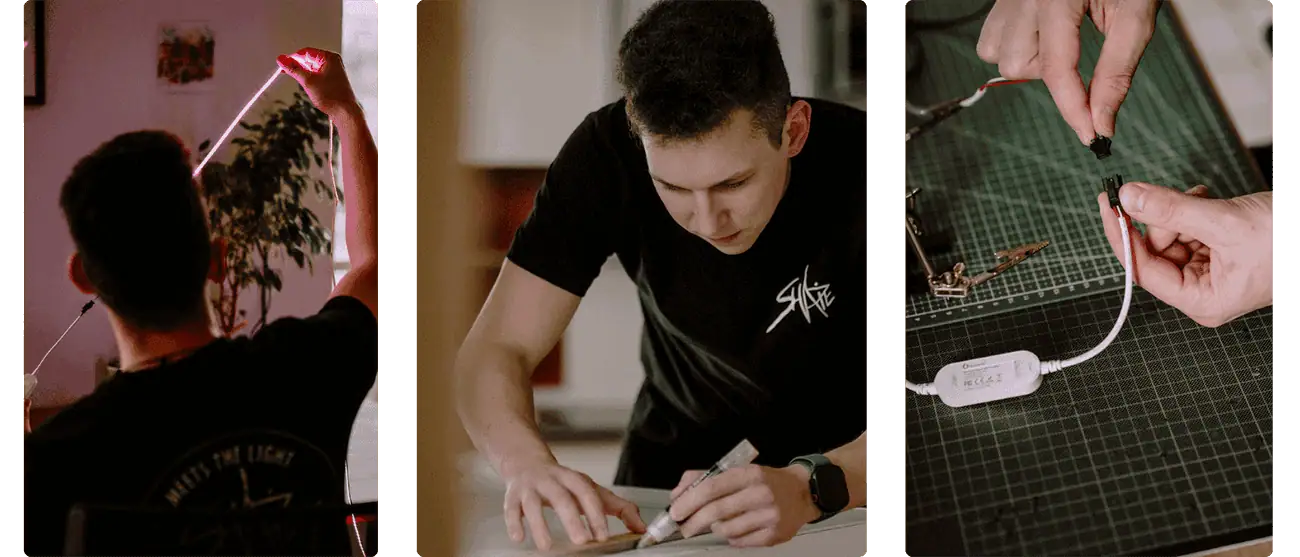 Šarūnas testing lighting, preparing artwork by hand and connecting lighting components in his studio