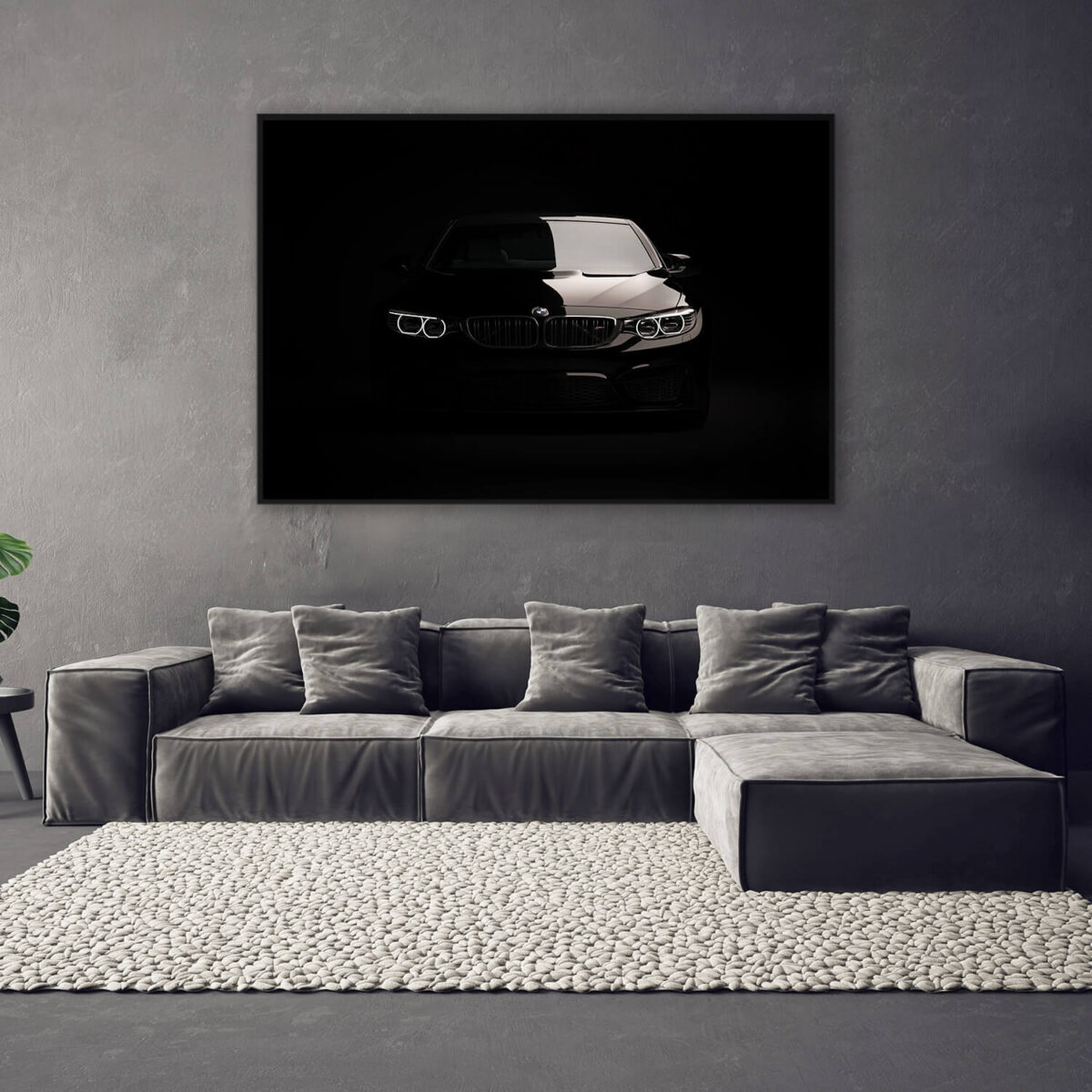 Black BMW M3 painting in the dark living room