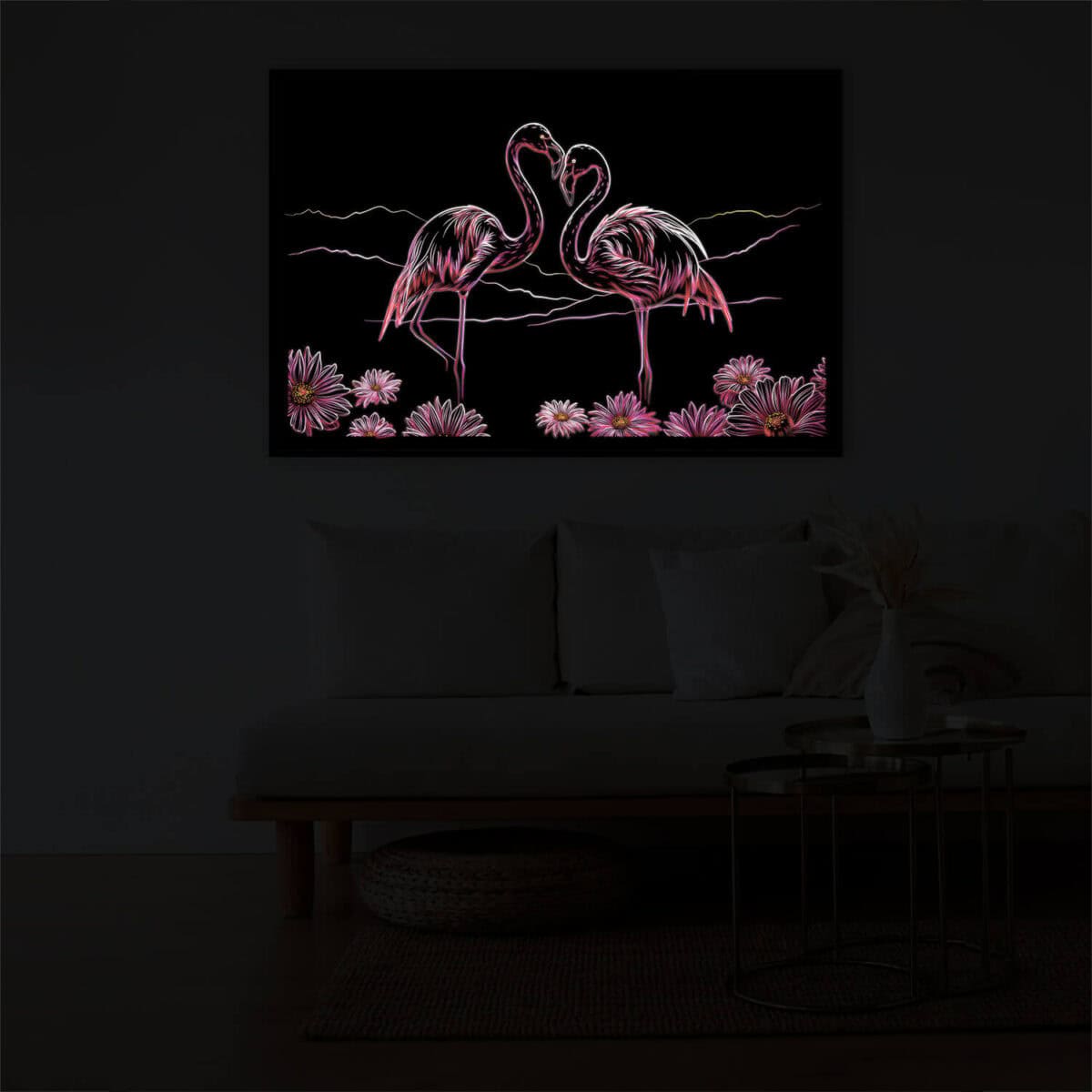 Flamingo Love lighted painting in darkness