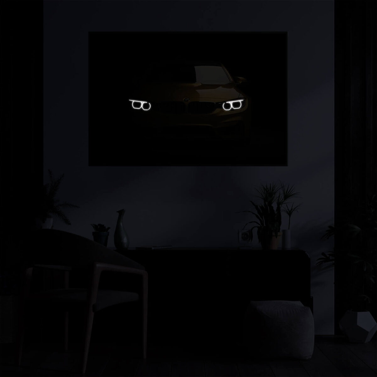 Lighted BMW M3 painting on the wall in the dark