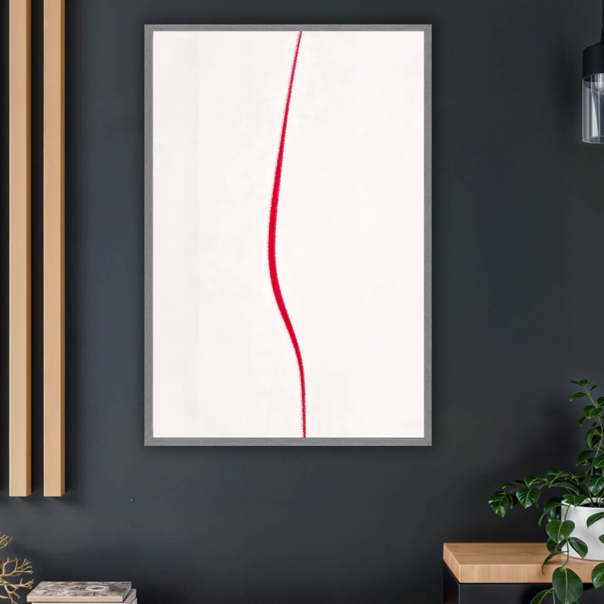Minimalist Red Line painting in modern dark room