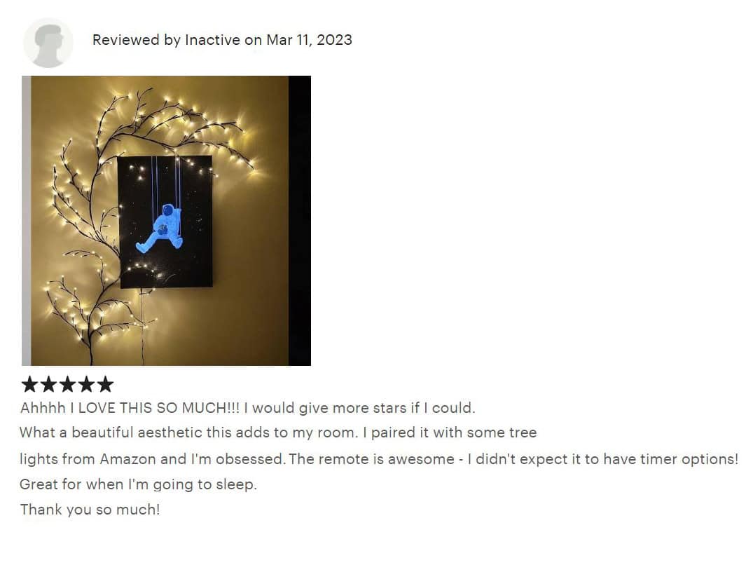 Review of the light painting from the happy customer on ETSY platform. Best experience