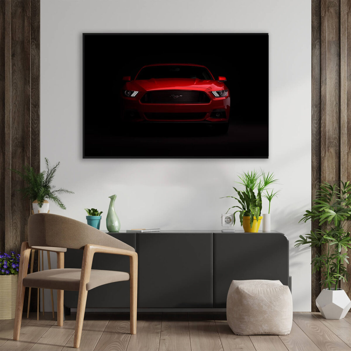 Red Ford mustang painting in the living room