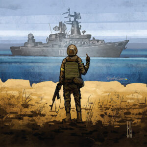 Boris Groh x SHAPIE Ukraine LED light painting of a Ukrainian soldier facing a Russian warship at sea