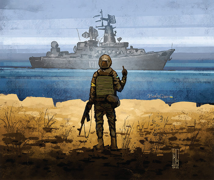 Boris Groh x SHAPIE Ukraine LED light painting of a Ukrainian soldier facing a Russian warship at sea