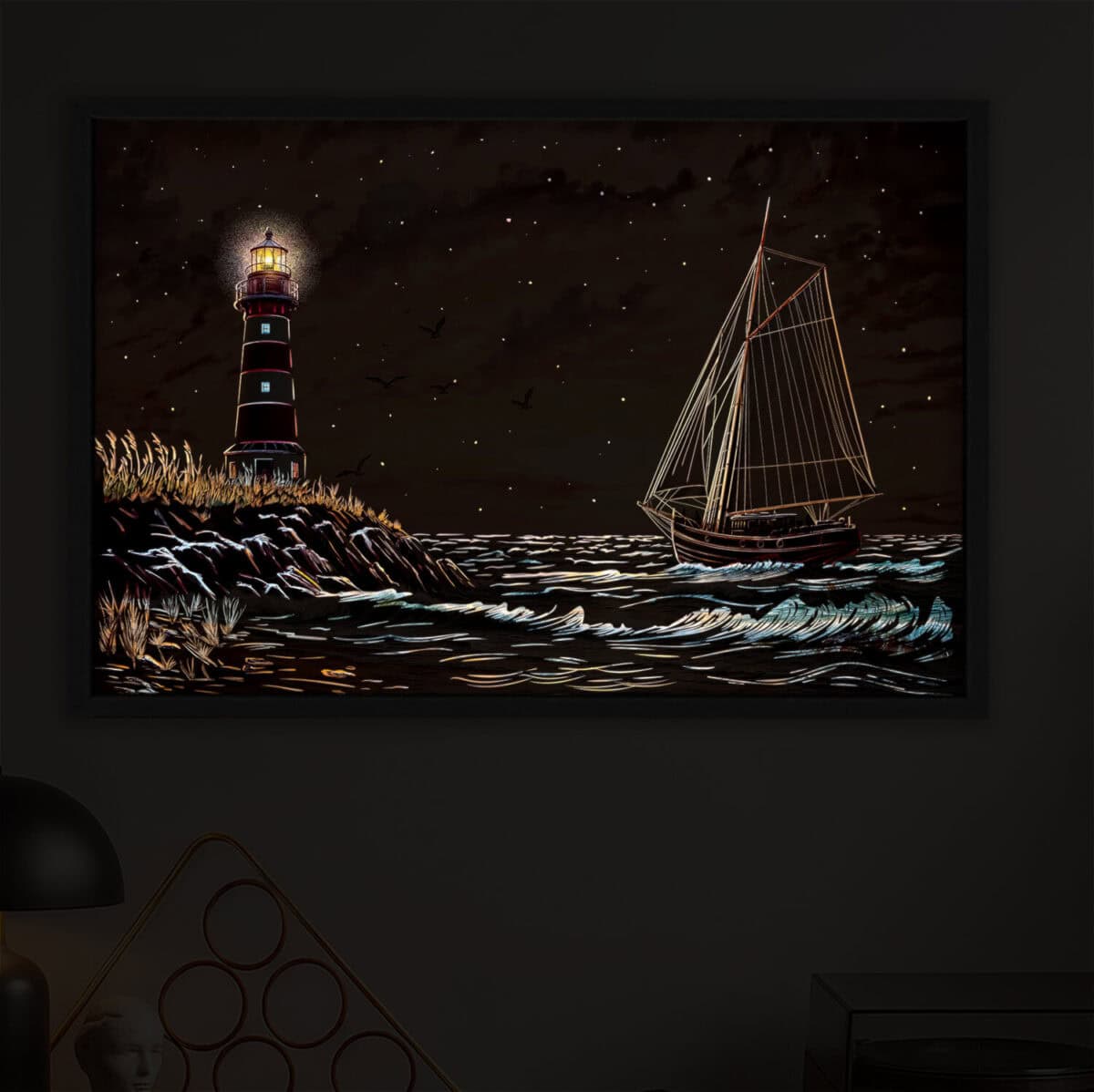 SAILING ship led light painting in the dark zoomed in