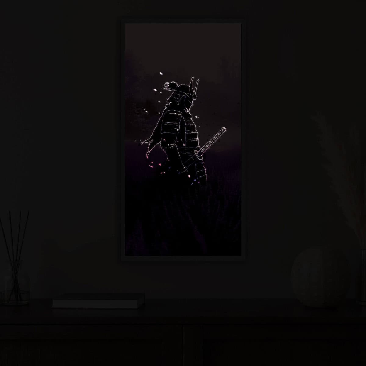 Lonely Samurai in levander field night light painting