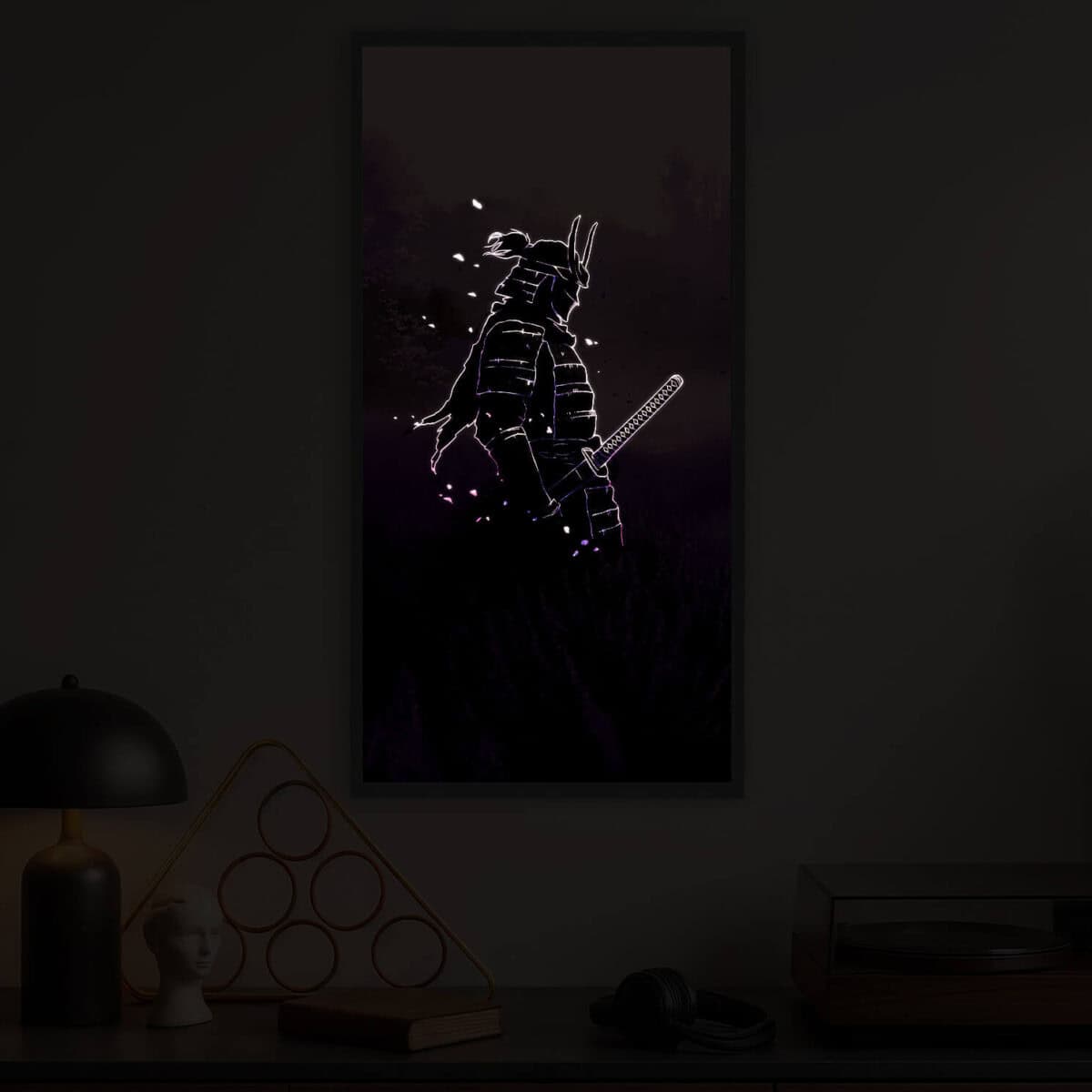 Lonely Samurai in levander field night light painting