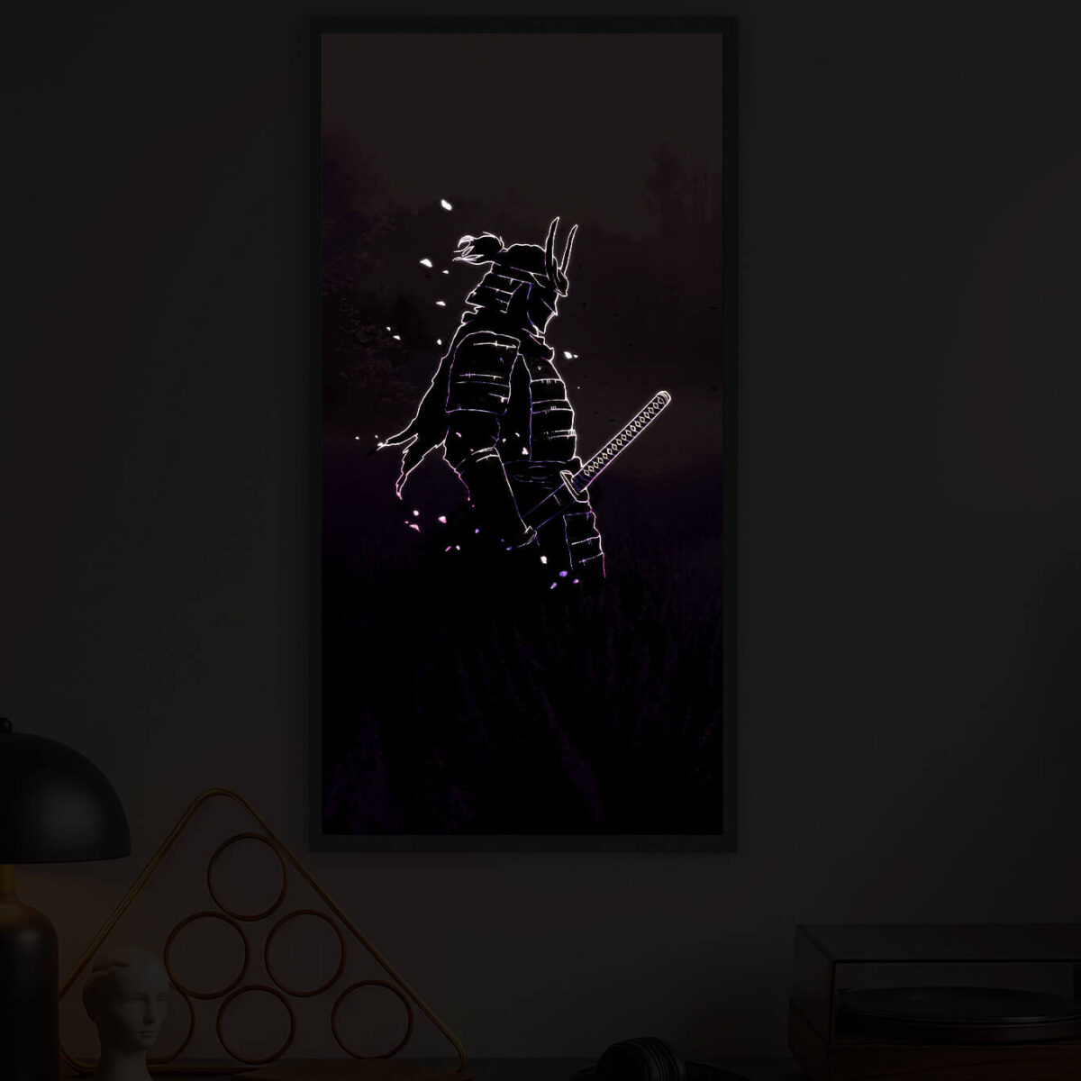 Lonely Samurai in levander field night light painting