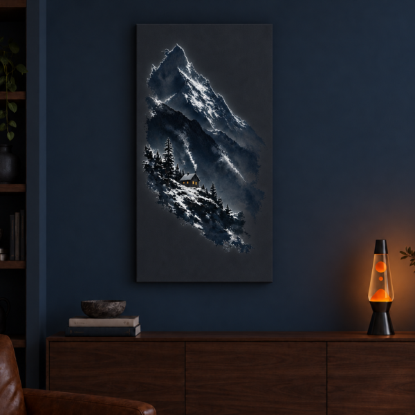 Alpine Cabin illuminated at night