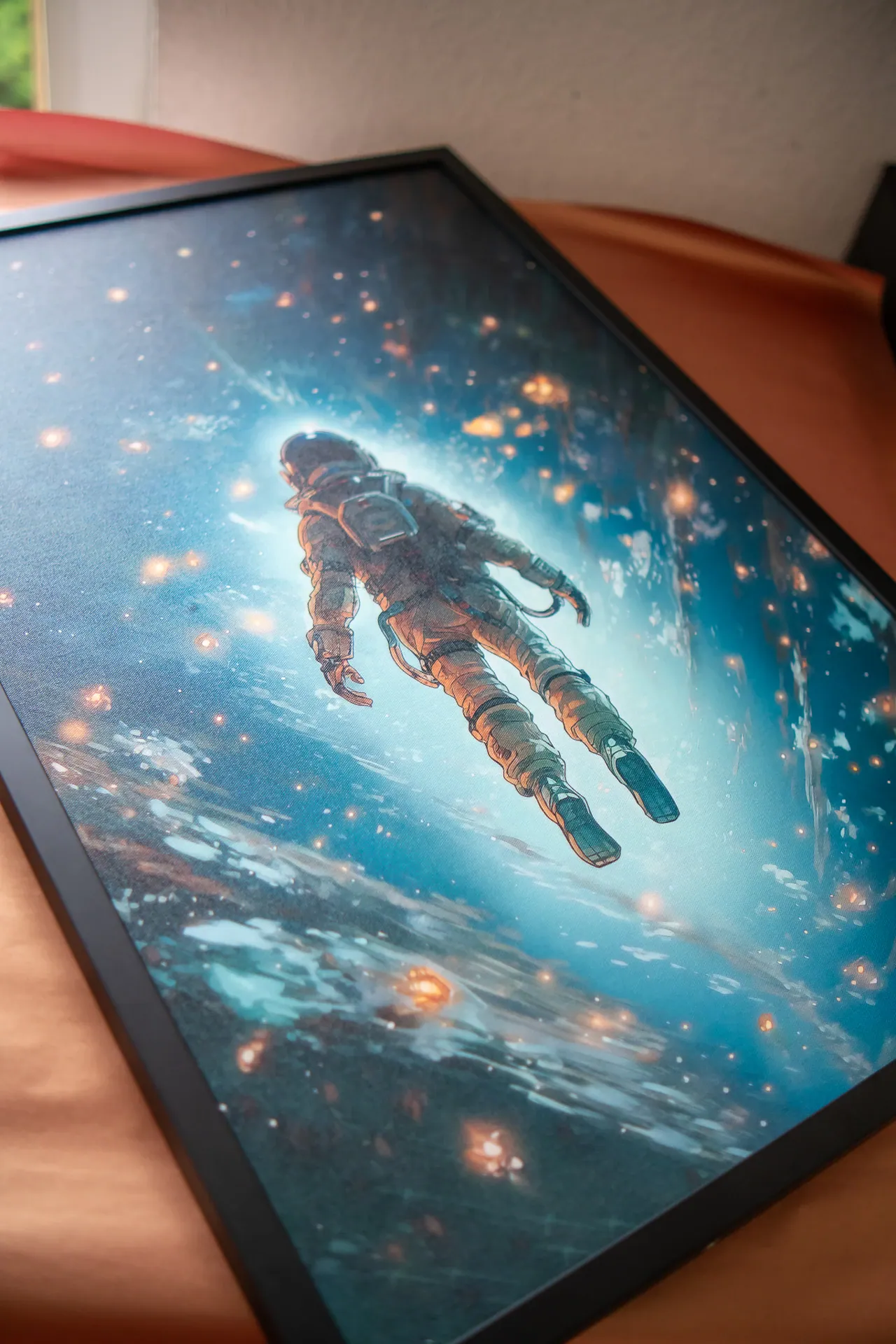 Close-up of a framed astronaut canvas painting in daylight, showing its blue space design and canvas texture
