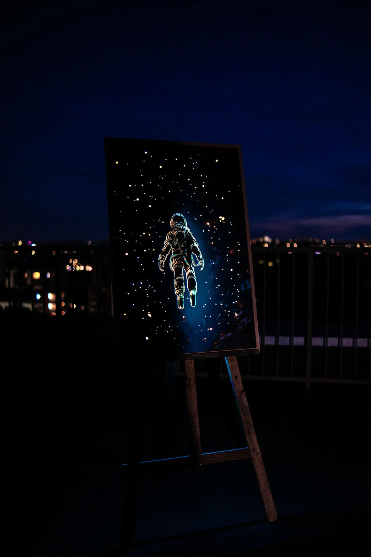 Framed astronaut LED wall art illuminated at night, with glowing astronaut outlines and stars, photographed on an easel outdoors