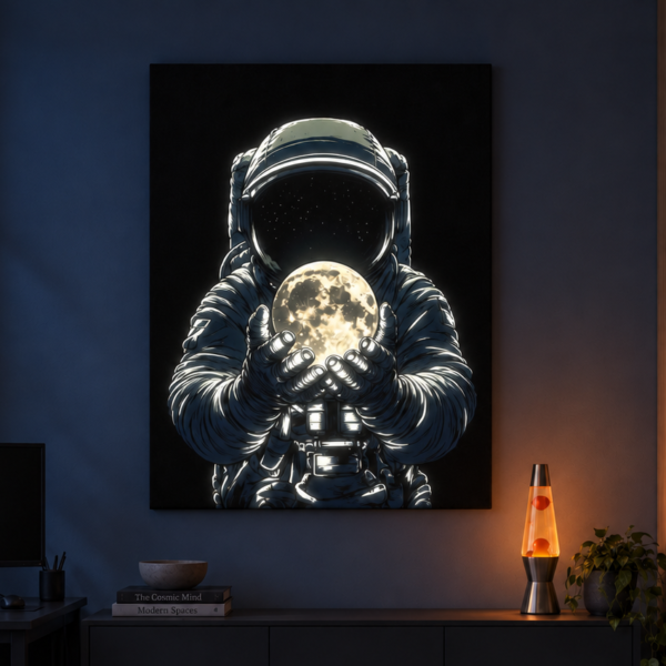 Astronaut with Moon illuminated at night
