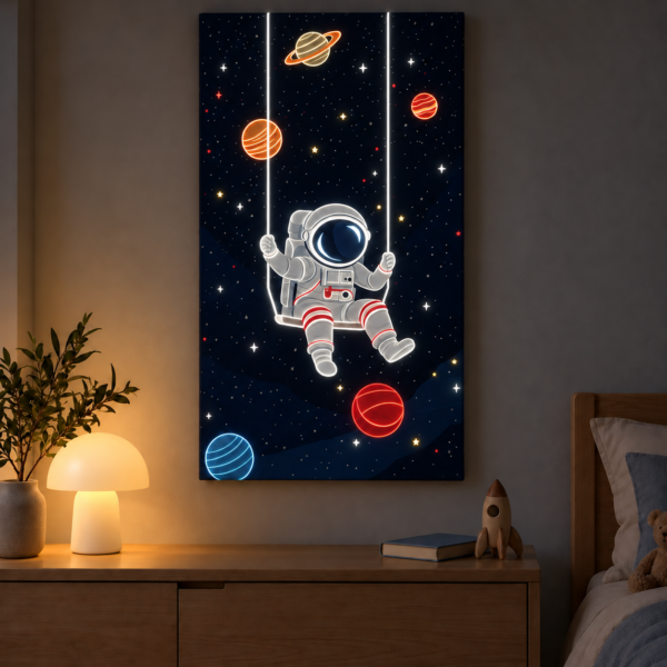 Astronaut on a Swing illuminated at night