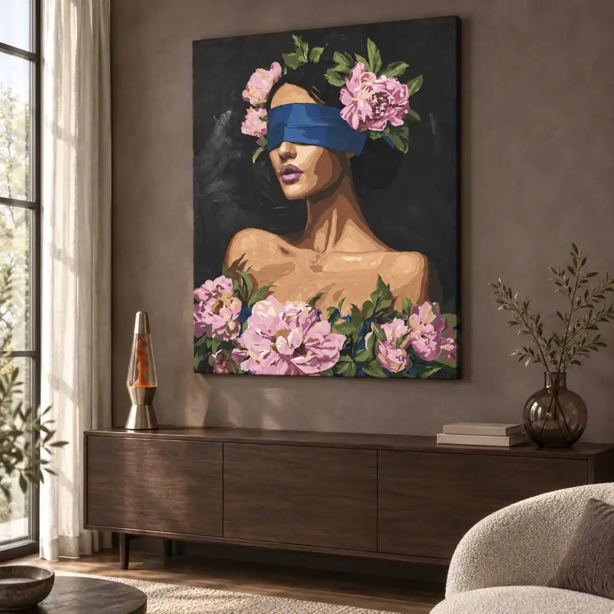 Blindfold Peonies canvas artwork in daylight