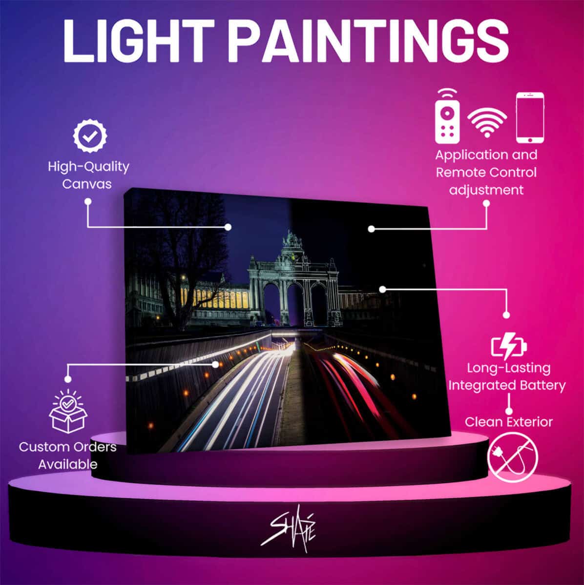 Brussels light painting features: canvas print, app and remote control, wireless battery, cable-free design