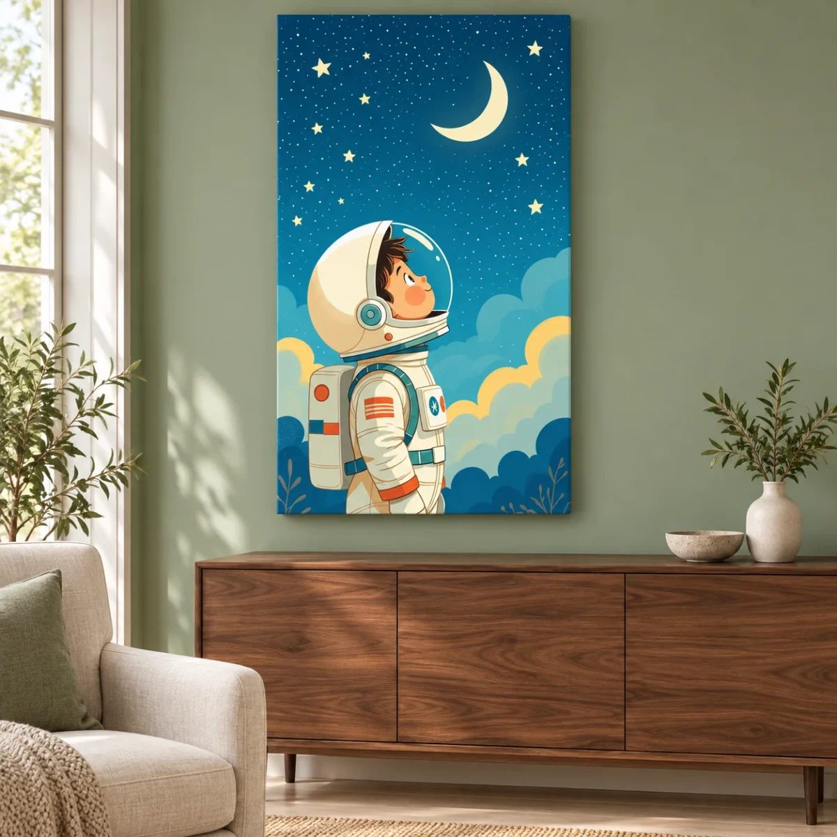 Child and Moon Light Painting canvas artwork in daylight