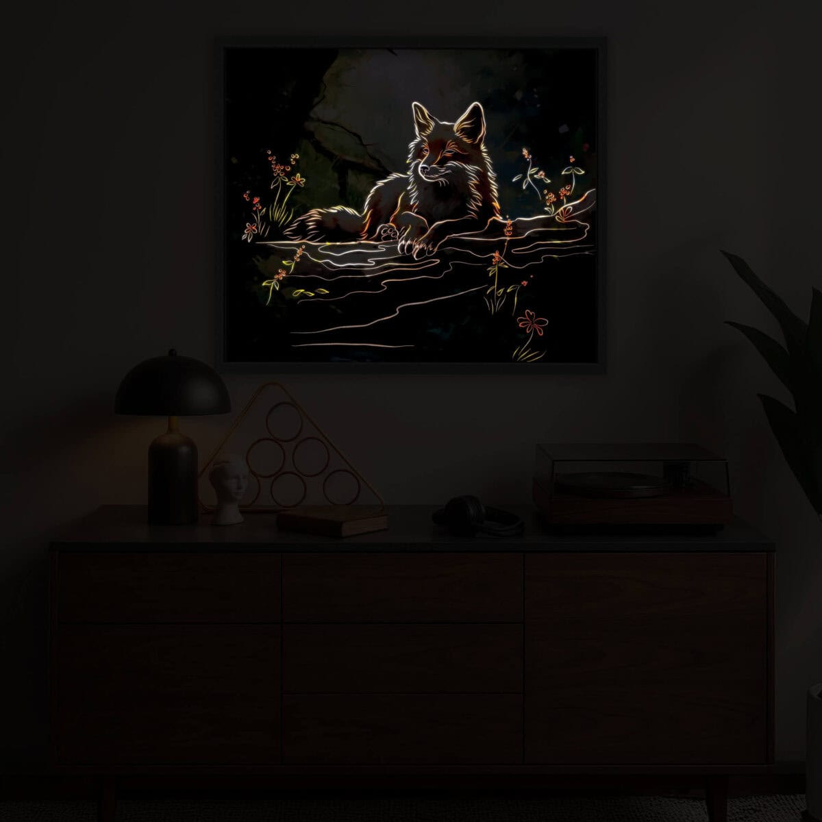 fox led light painting in the room nighttime