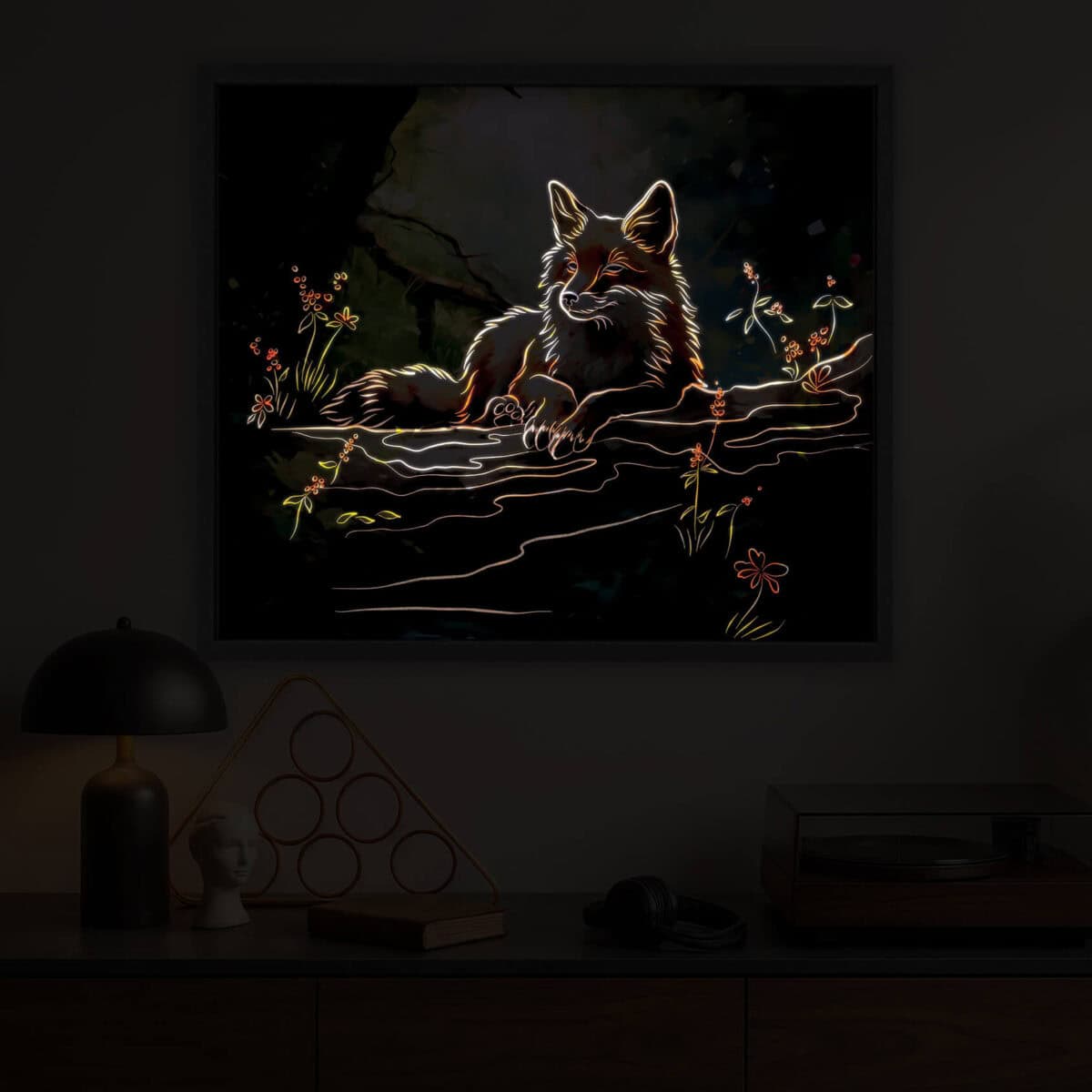 fox led light painting in the room nighttime zoomed in