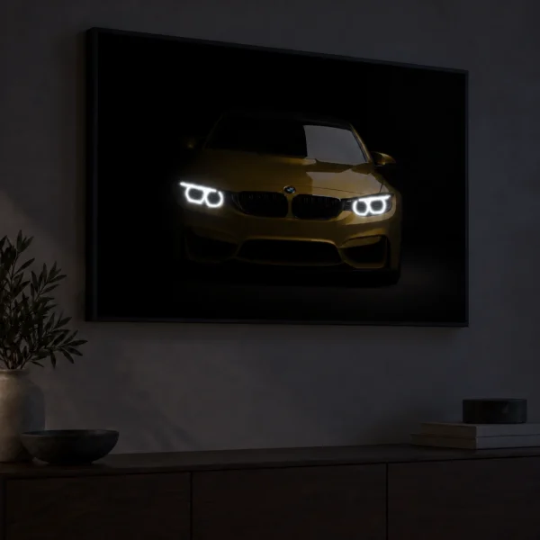 Golden BMW M3 illuminated at night