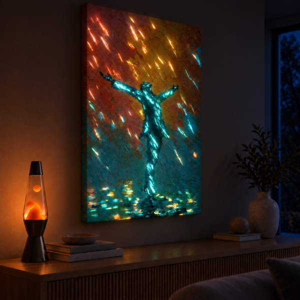 Joy in Rain illuminated at night