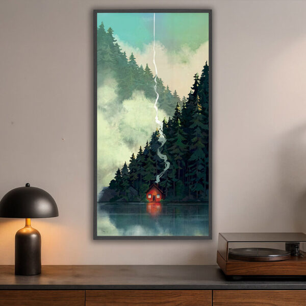 Cozy Cabin illuminated at night