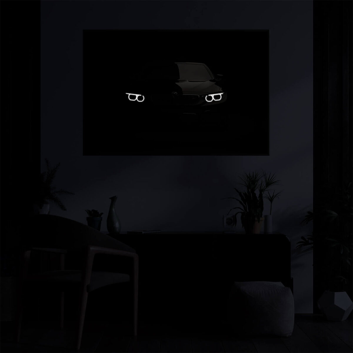 lighted painting Black BMW M3 in the dark
