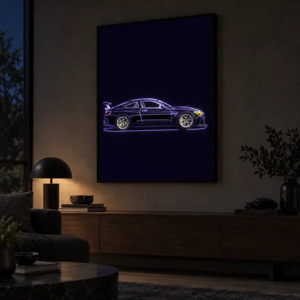 Purple BMW M4 illuminated at night