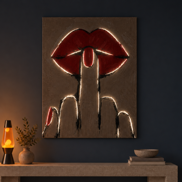Red Lips Silence illuminated at night