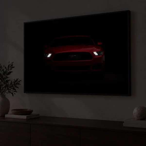 RED Mustang illuminated at night