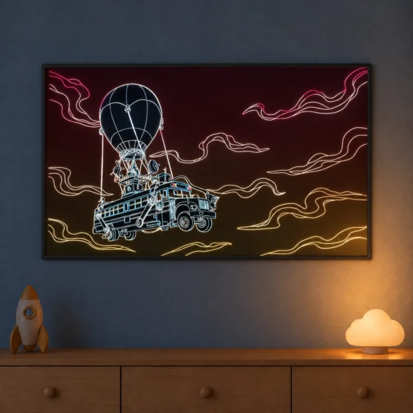 Battle Bus illuminated at night