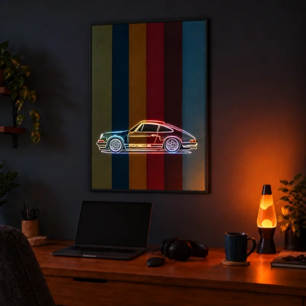 Classic Multicolored Porsche 911 illuminated at night
