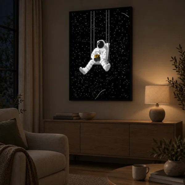 Astronaut On the Swings illuminated at night