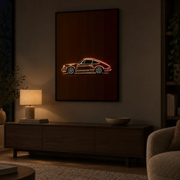 Classic Orange Porsche 911 illuminated at night