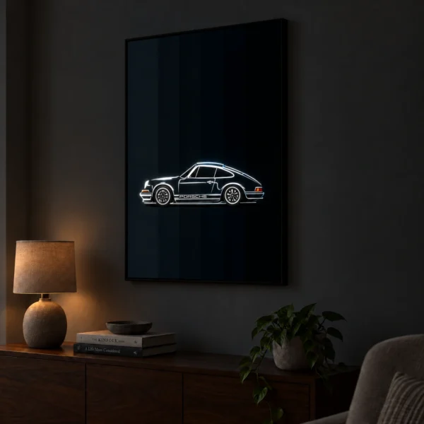 Classic Blue Porsche 911 illuminated at night