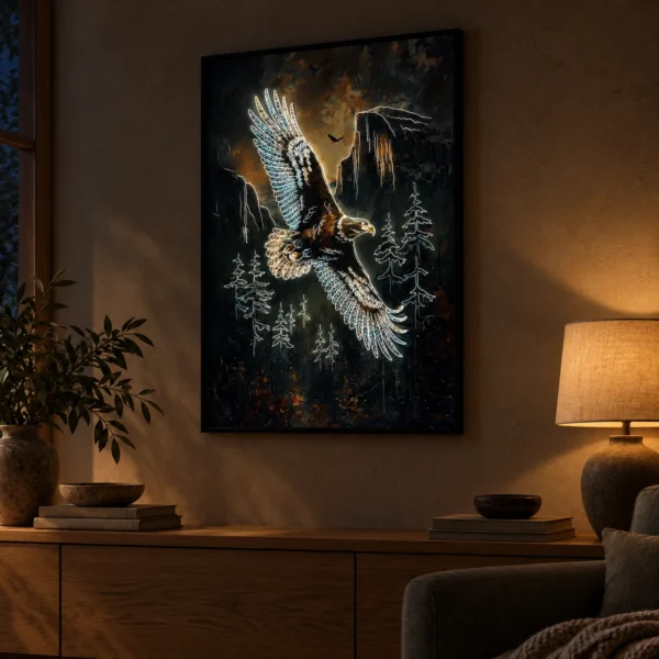 Eagle illuminated at night