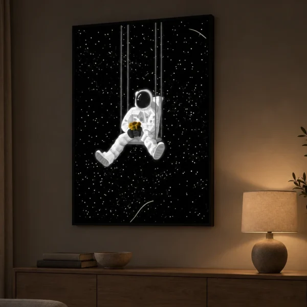 Astronaut On the Swings illuminated at night