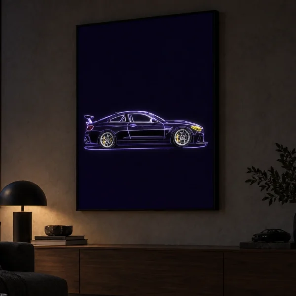 Purple BMW M4 illuminated at night