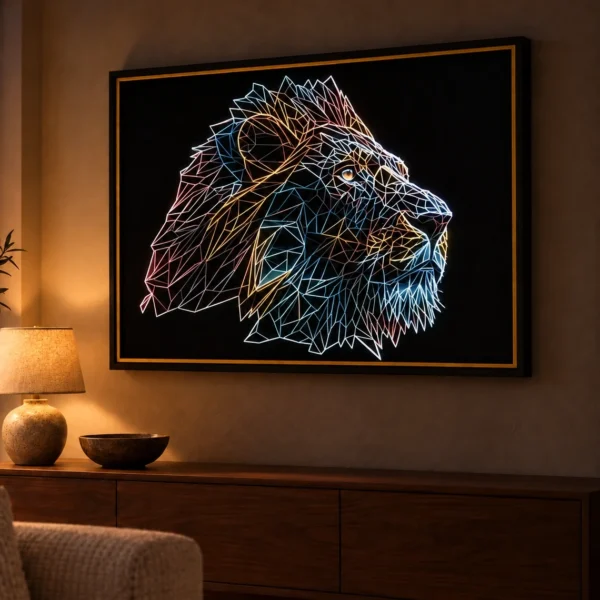 Geometric Lion — détails lumineux allumés la nuit