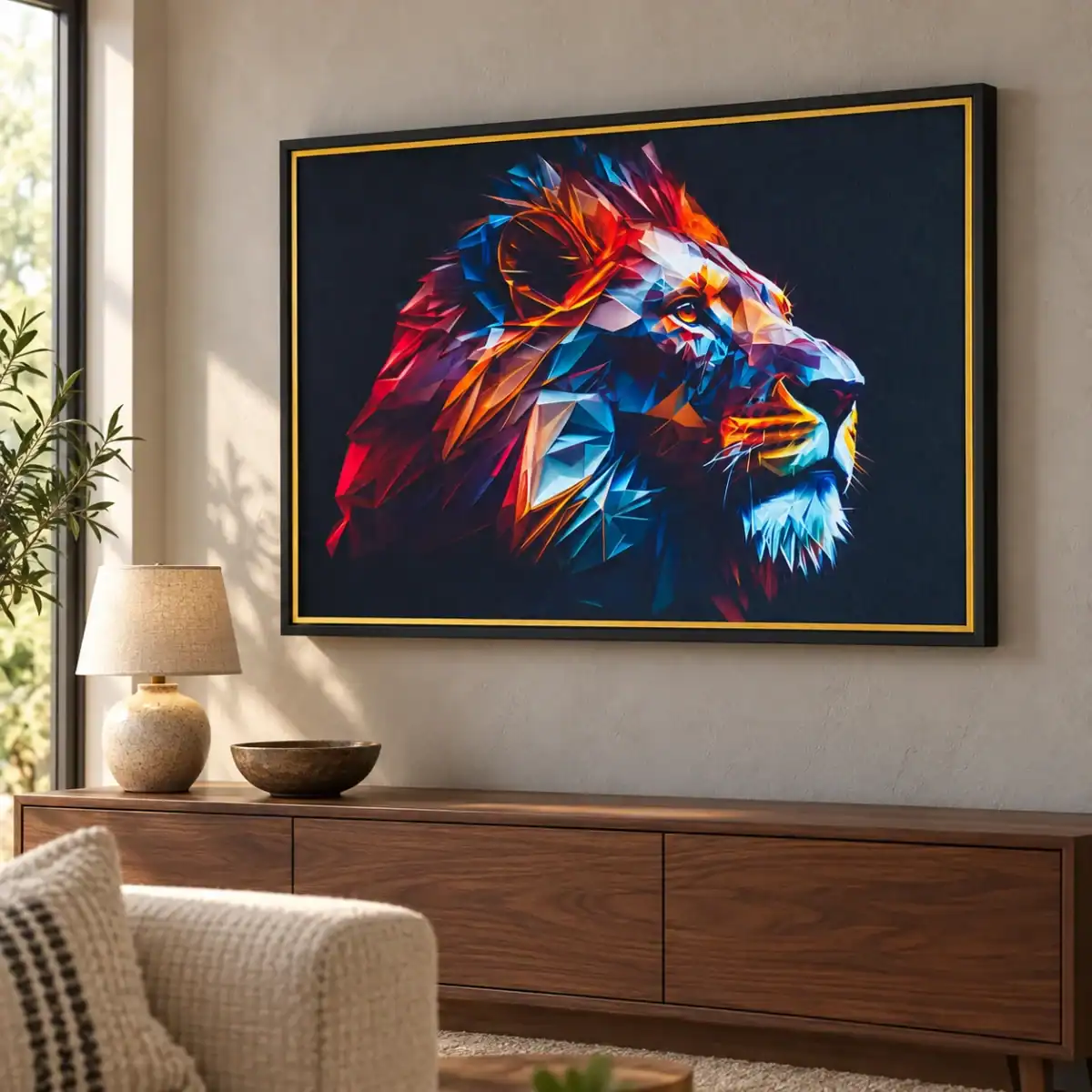 Geometric Lion canvas artwork in daylight