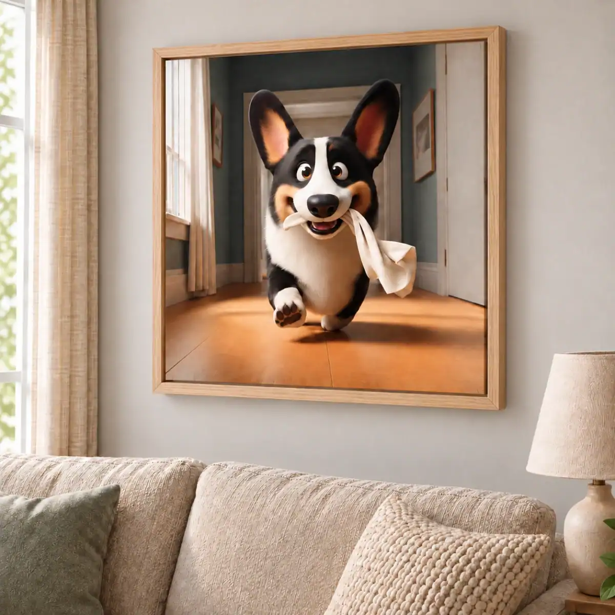 Happy Corgi — paveikslas ant drobės dienos šviesoje