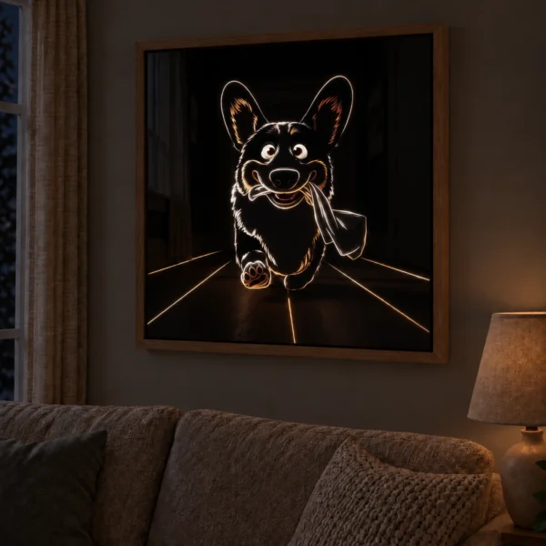 Happy Corgi illuminated at night