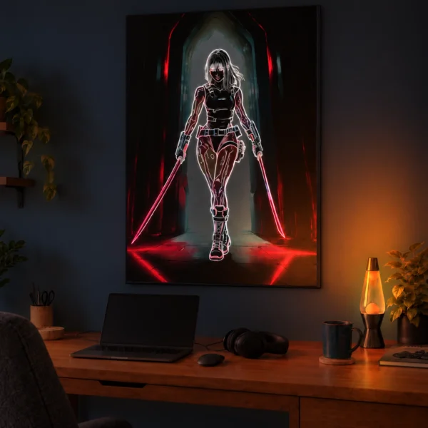 Ms. Bone illuminated at night