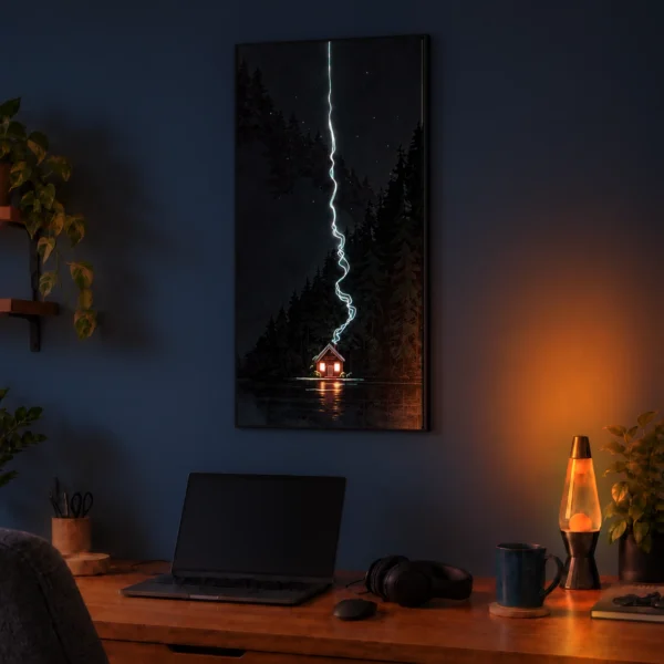 Cozy Cabin illuminated at night