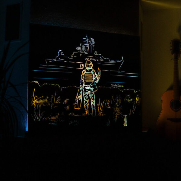 Russian warship, go fuck yourself LED Light Painting illuminated at night