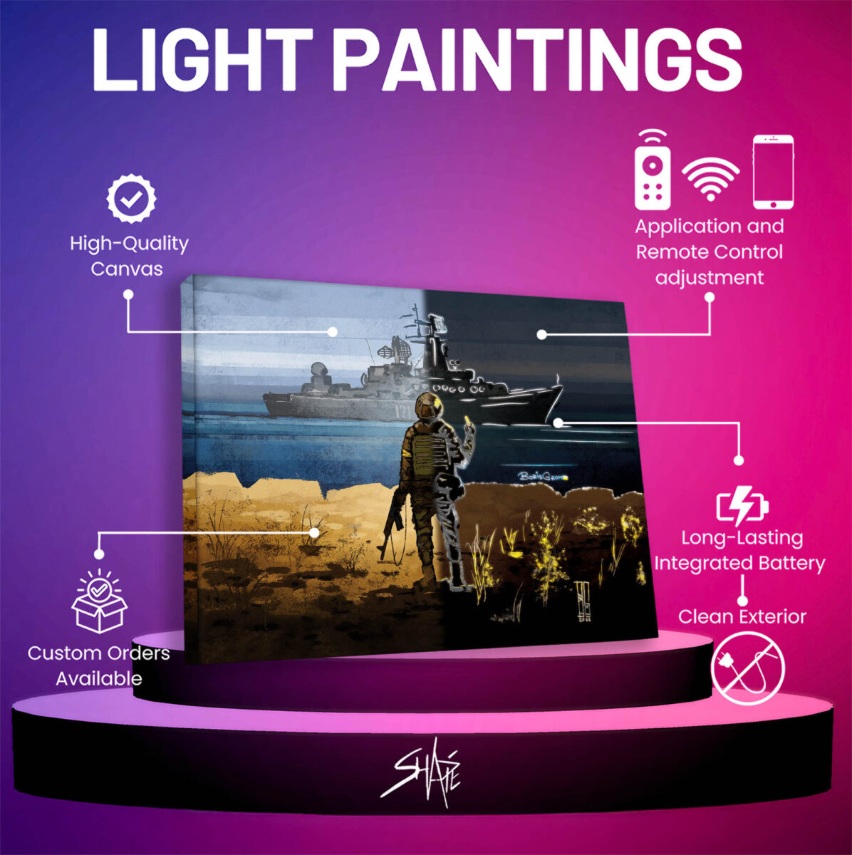 Ukraine LED light painting specifications: canvas, app and remote control, integrated battery, no visible wires