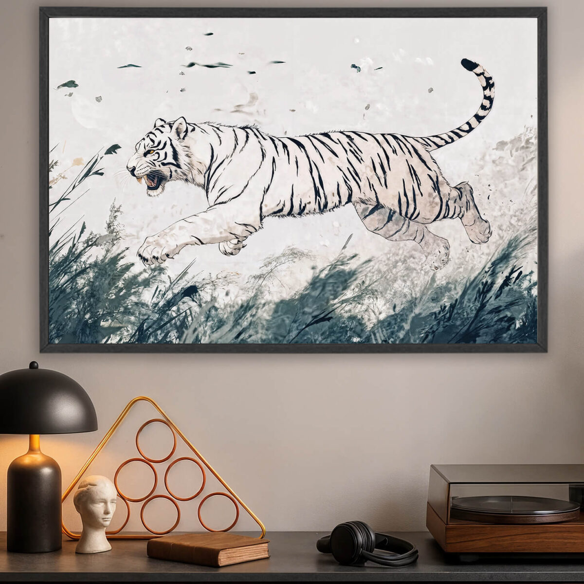 zoomed in living room painting Hunting white tiger led light painting wall art